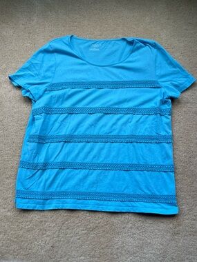 Talbots Blue Tee Shirt w/ Crochet Accents - Size 1X - EUC - 100% Cotton